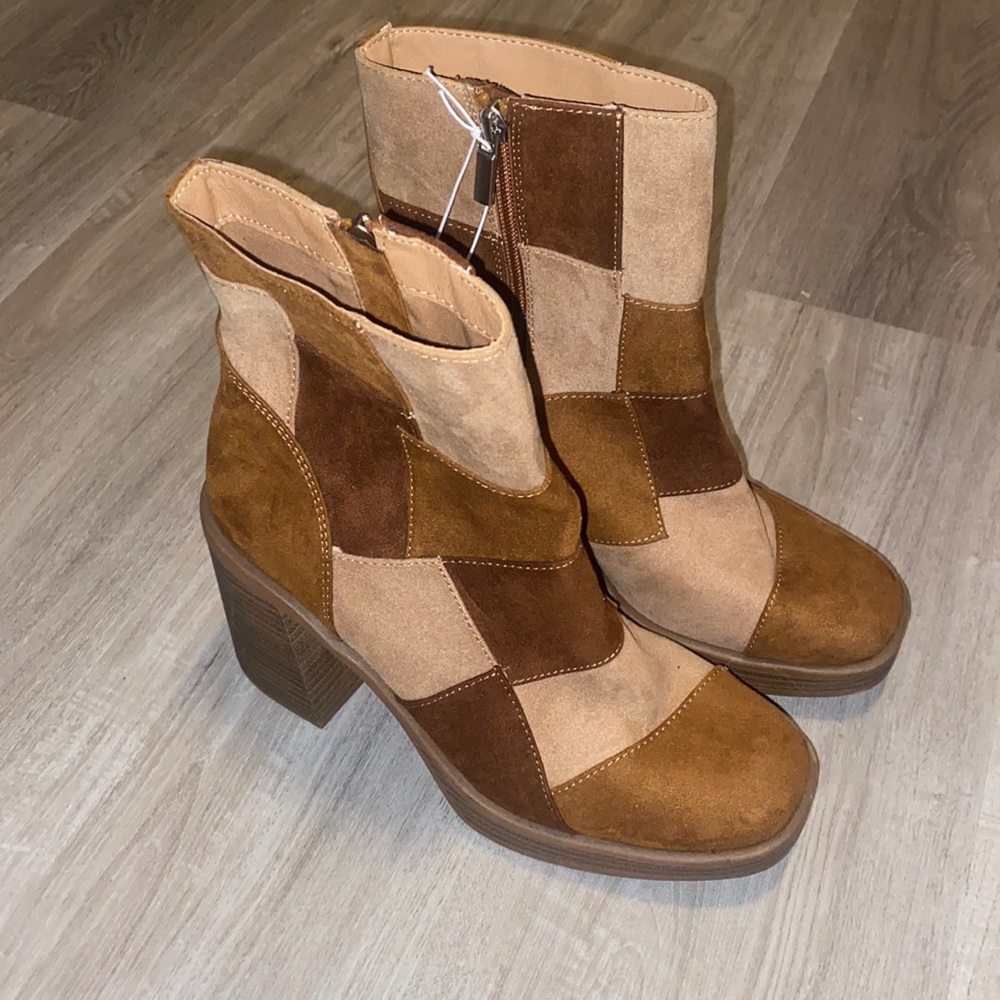 Viral target patchwork heeled booties